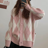 Christmas Gift Korean Oversize Cardigan Tops Women Knitted Sweater Argyle Cardigan Loose Single Breasted Students V-neck Lovely Knitwear 17068