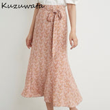 Christmas Gift Kuzuwata High Waist Hip Bow Design A Line Skirt Women Vintage Print Summer Outwear Holiday Jupe Femme Loose Faldas Mujer