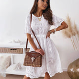 Christmas Gift Fashion O-neck Short Sleeve Cotton White Lace Woman Mini Dress 2021 Summer Casual Beach Hollow Out Dresses For Women Robe Femme