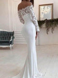Graduation Gift 2022 New Arrival Wedding Party Elegant Women White Off Shoulder Long-Sleeved Flooring Sweep Train Lace Evening Vestido