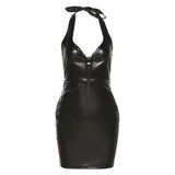 Christmas Gift Sexy Hollow Out Low Cut Halter Mini Dresses For Women 2021 PU Leather Black Sleeveless Lace-up Bodycon Dress Fashion Streetwear