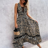 Christmas Gift Summer Sexy V Neck Leopard Long Dress Fashion Hollow Out Lace Party Beach Dress Women Casual Sleeveless Backless Boho Maxi Dress