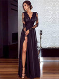 Graduation Gift 2022 Spring Summer Black Sexy Lace Long Sleeve High Slit Evening Dresses Ladies V Neck Nightclub Robes Prom Party A Line Gowns