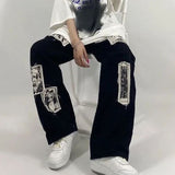Joskaa Spring Autumn Women Vintage Harajuku Punk Black Print Jeans Female Fashion Causle Hip Hop Streetwear Wide Leg Trousers