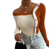 Joskaa Christmas Gift Women Fashion Elegant Knitted Tops Long Sleeve Off Shoulder Sexy Casual Slim Buttons Top Femme Ladies Solid Sweaters Fall Spring