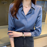 Christmas Gift Long Sleeve Shirts Blouses for Women Silk Shirts Women Satin Clothing Office Lady Solid Silk Shirt Blouse Tops Plus Size 17276