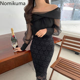 Christmas Gift Nomikuma Slash Neck Long Sleeve Shirt Women Elegant Temperament Korean Chic Blouse See Through All-match Tops Blusas Mujer 3e089