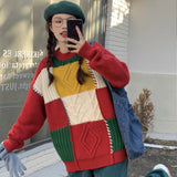 Black Friday Sales Vintage Kawaii Lattice Patchwork Color Matching Women Sweater Autumn Fashion Geometric Pullover Long Sleeve Ladies Sweaters 2022