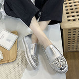 Joskaa New Silver Crystal Flat Shoes Woman Comfortable PU Leather White Casual Shoes Women Platform Slip On Loafers Bling