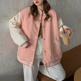 Christmas Gift Women Baseball Bomber Jacket Autumn Casual Loose Pockets Stripe Single Breasted Patchwork Oversized Jacket Coat Outerwear Tops