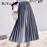 Christmas Gift Beiyingni Velvet Skirts Womens Vintage Autumn Winter Warm Pleated Midi High Waist Skirt Solid Color Casual Korean Style Faldas