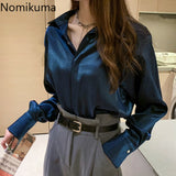 Christmas Gift Nomikuma Oversized Blouse Women Single Breasted Long Sleeve Solid Color Casual OL Satin Shirts Plus Size Tops Blusas Mujer 3a326