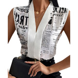 Joskaa Women Summer Fashion Female Top Nespaper Print V neck Long Sleevless Casual Blouse Tops