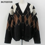 Christmas Gift Vintage Patchwork Knitted Cardigans Women V-neck Single-breasted Loose Casual Argyle Plaid Female Open Stitch Sweaters