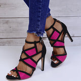 Joskaa Brand Design Women Fashion Peep Toe Patchwork Colors Thin Heel Sandals Pink Blue Strap Cross High Heel Sandals   Shoes
