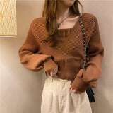 Christmas Gift Elegant Solid Slim Autumn Short V Neck White Knitted Tops Bottom Fake Two Pieces Pullover Sweaters Lady Fashion Chic Korea 17394