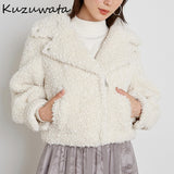 Christmas Gift Kuzuwata 2021 Autumn Winter New Women Tops Solid Lapel Long Sleeve Zipper Short Jacket Japan Style Sweet Fashion Faux Fur Coat