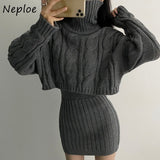 Christmas Gift Two Picecs Set Women Korean Chic Autumn and Winter Hemp Flower High Neck Short Sweater + Bodycon Knitted Skirt Suit