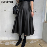 Christmas Gift BGTEEVER Black Solid PU Leather Elegant Midi Skirt Women 2020 Spring High Waist Office Ladies A Line Flared Skirts Faux Leather