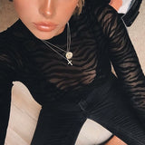 Christmas Gift InstaHot Black Mesh Transparent Sexy Bodysuit Long Sleeve Slim Skinny Stripe Mock Neck Casual Rompers Women Lady Party Club Body