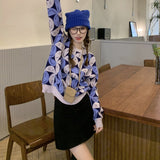 Black Friday Sales Elegant Office Lady Blue Smiley Printed Twist Knitt Sweater Women Korean 2022 Autumn Winter Fashion Pullove Lazy Loose Sweater