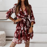 Christmas Gift Casual Long Sleeve A-Line Pleated Dress Vestidos Women Elegant Floral Print Ruffle Dress Summer Ladies Sexy V-Neck Party Dress