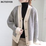 Christmas Gift BGTEEVER Autumn Winter V-neck Ladies Striped Knitted Cardigans Tops Vintage Single-breasted Full Sleeve Women Sweaters 2021