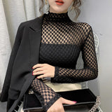 Christmas Gift Sexy Lace Bottoming Shirt Women Turtleneck Lace Blouse Autumn and Winter 2021 New Dot Mesh Tops High Elasticity Shirt 11437