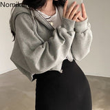 Joskaa Autumn New Long Sleeve Hooded Hoodies Women Solid Color Kroean Style Vintage Sweatshirt Zip Up Casual Tops Ropa Mujer