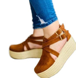 JOSKAA Summer Women's Vintage Wedge Heel Sandals Woman Buckle Strap Straw Thick Bottom Platform Flats Female Flock Ankle Straps Shoes