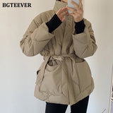 Christmas Gift BGTEEVER Winter Thick Cotton Padded Coats Women Single-breasted Zippers Lace-up Female Parkas Stand Collar Female Jackets