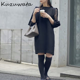 Christmas Gift Kuzuwata Japanese Women Robes 2021 Autumn Vestidos O Neck Patchwork Gauze Three Quarter Puff Sleeves Loose Knee Length Dresses