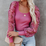 Christmas Gift Women Mesh Dot Puff Sleeve Design Shirts 2021 Elegant Square Collar Knitted Blouses Tops Fashion Hollow Out Lace Pattern Blusas