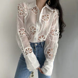 Christmas Gift Lady Sexy See Through Long Sleeve Loose White Blouse Top High Quality Hollow Out Floral Embroidery Elegant Shirt New Trend 13369