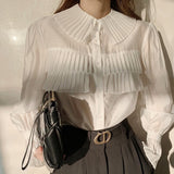 Christmas Gift Blusas Spring New Stylish Transparent Pleated White Shirts Women Turn-down Collar Single-breasted Loose Female Blouse Tops 13078