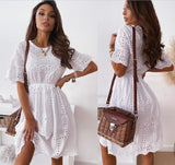 Christmas Gift Fashion O-neck Short Sleeve Cotton White Lace Woman Mini Dress 2021 Summer Casual Beach Hollow Out Dresses For Women Robe Femme