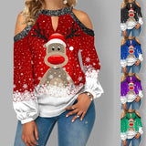 Christmas Gift Plus Size 2021 New Christmas Print O-Neck Off-The-Shoulder Stitching Top Long-Sleeved T-Shirt Lantern Sleeves Ladies Streetwear