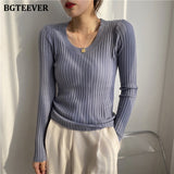 Christmas Gift BGTEEVER Autumn Deep O-neck Women Basic Slim Warm Knitted Tops Casual Skinny Stretch Long Sleeve Female Pullover Sweaters 2020