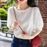 Christmas Gift Summer New 2021 Korean Fashion Women's Lantern Sleeve Loose Shirts Embroidery Cotton Lace O-neck Casual Blouses Plus Size 13440