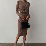 Christmas Gift InstaHot Elegant Women's Dress Round Neck Long Sleeve Draped Knee-Length Straight Dresses 2021 Autumn Solid Casual Office Lady