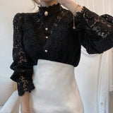 Christmas Gift Stand Collar All-match Femme Blusas Petal Sleeve Women Blouse Chic Button Hollow Out Flower Lace Patchwork Shirt White Top 12419