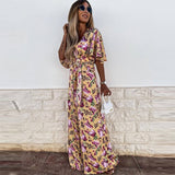 Christmas Gift Women Casual Puff Short Sleeve V-Neck Ladies Jumpsuit Summer Elegant Floral Printed Loose Rompers Fashion Lace-Up Wide Leg Pants
