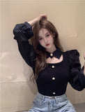 Christmas Gift Turn Down Collar Spliced Shirt Woman Puff Long-sleeved Knit Tops Mujer 2021 New Autumn Temperament Sweater Pullover Women