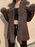 HEYounGIRL Fur Collar Women Jacket Coat Fashion Retro Brown Street Outfits Fuzzy Suede Autumn Winter Overcoat Casual 90s Outwear