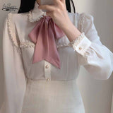 Christmas Gift Sweet Tassel Lace Splice Bow Tie Blouse Women Solid Color Long Puff Sleeve Tops Women Pearl Button Cardigan Shirts Blusas 11608