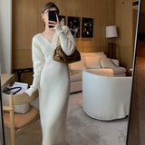 Black Friday Sales Elegant Long White Knitting Dress Women Winter V-Neck Long Sleeve Bodycon Dress Korean Office Lady High Waist Vintage Dress