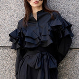 Christmas Gift Kuzuwata 2021 Autumn New Women Blusas Japanese Fashion Design Blouses Stand Collar Button Layer Ruffles Folds Solid Shirts