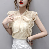 Christmas Gift Solid Hollow Out Shirt Korean Fashion Clothing Vintage Sleeveless 2021 Womens Tops and Blouses Lace Patchwork Blusas 9811