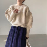 Christmas Gift Retro Round Neck Woman Sweaters Three-dimensional Embroidery Floral Sweater Loose Casual Lantern Sleeve Knitted Pullover