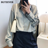 BBTEEVER 2020 New Chic Women Satin Shirts Long Sleeve Solid Turn Down Collar Elegant Office Ladies Workwear Blouses Female